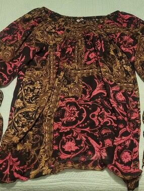 CATO Dramatic Bell Sleeve Baroque Paisley Chiffon Smocked Blouse XL